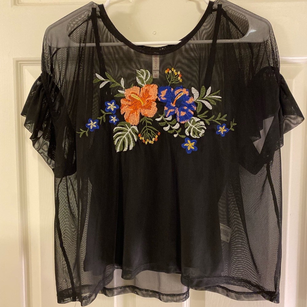 Xhilaration Sheer Overlay Floral Top w/ Built in Camisole